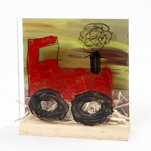 Traktor i landskab på 3D plade med glas