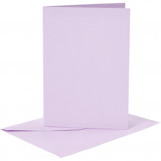 Kort og kuverter, kort str. 10,5x15 cm, kuvert str. 11,5x16,5 cm, 120+210 g, lys lilla, 6 sæt/ 1 pk.